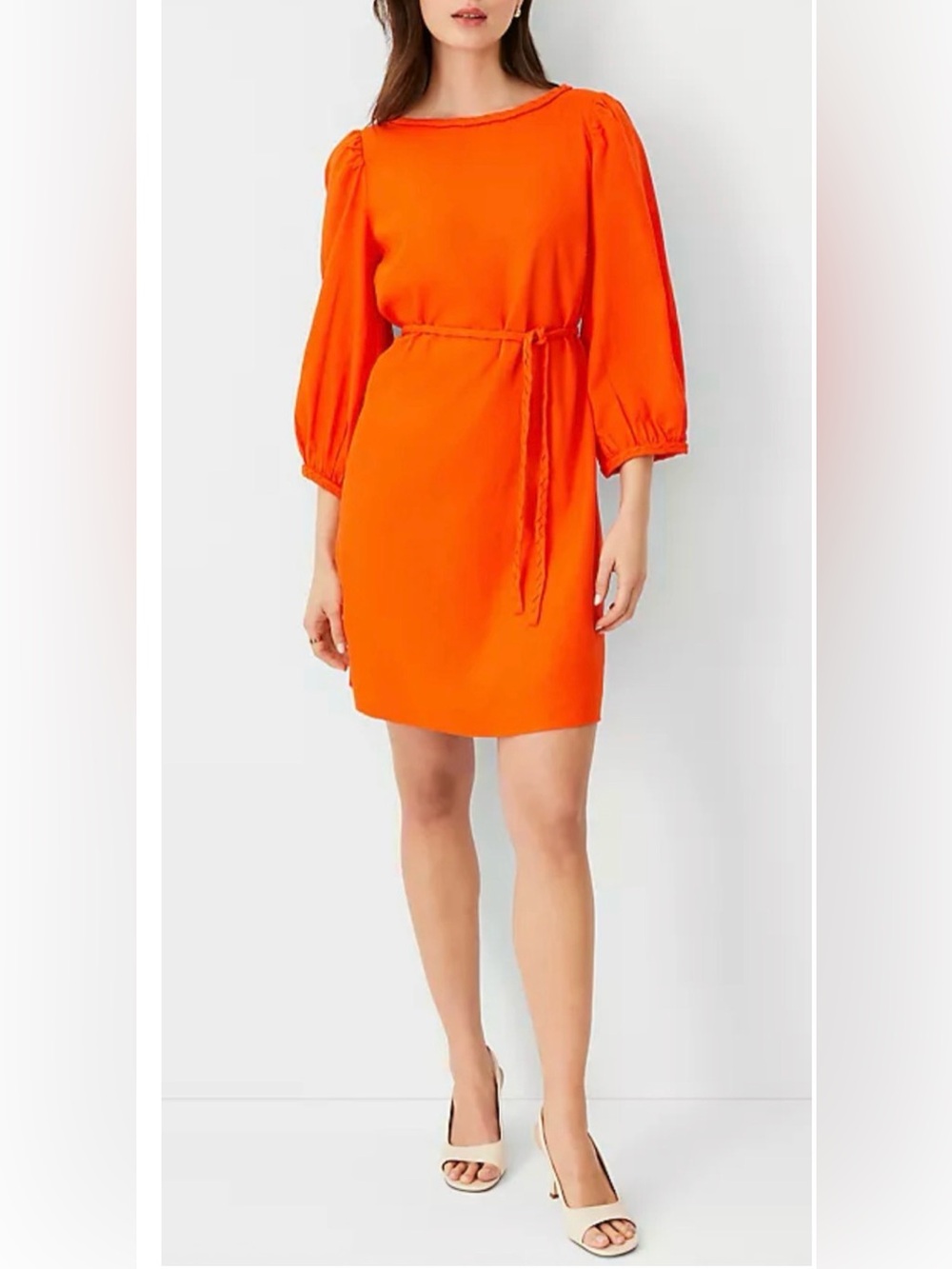 NEW ANN TAYLOR FLAME AZALEA LINEN BLEND PUFF SLEEVE BELTED SHIFT DRESS SZ 6